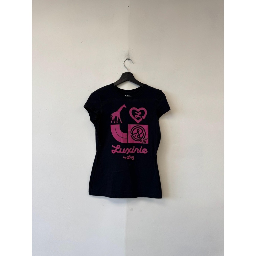 VTG Luxirie By LRG Shirt Womens Large Black Pink Giraffe Heart‎ Tee T-Shirt y2K